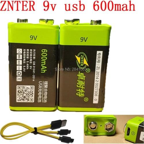 2X ZNTER S19 9V 600mAh USB Rechargeable li-ion 9V Lipo Battery RC Battery For microphone with USB cable
