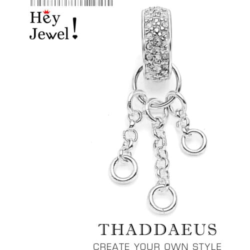 White Pave With Three Curb Charms Carriers 925 Sterling Silver Fit Necklace, Europe Glam Jewelry Soul Gift For Women Men