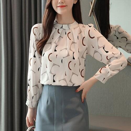 Blouse For Women Fashion 2020 Ladies Tops Chiffon Shirts White Button Long Sleeve Harajuku Stand Blusas Female Print 0149