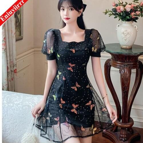 Black Sheer Mesh Flower Embroidered Dress Women 2020 Summer Elegant Fitted High Waist Floral Short Dresses Party