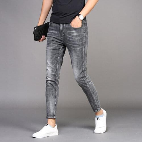 Denim jeans mens trendy brand Slim feet mens casual long pants Korean summer thin section smoky grey teenager pencil jeans