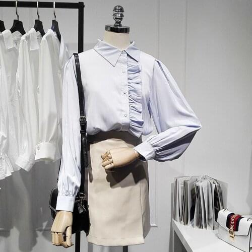 Elegant Blue Women Shirts Summer New 2021 Turn-Down Collar Ruffles Long-Sleeved Office Lady Outwear Tops
