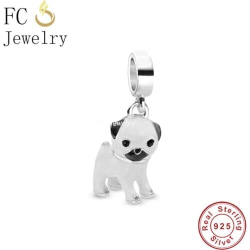 FC Jewelry Fit Original Charm Bracelet 925 Sterling Silver Black White Enamel Pug Dog Puggy Bead For Making Women Berloque 2021