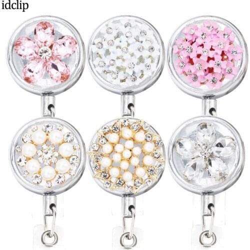 Idclip Bling Flowers Pearl Badge Reel ID Retractable Badge Holder Belt Clips Metal Heavy Duty Steel Wire Cord 3 Pack