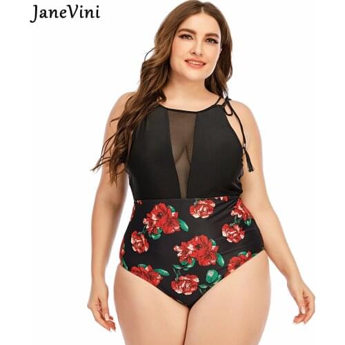 JaneVini Black One Piece Swimming Suit Women Plus Size Red Flowers Print Thong Bikini Tanga Ladies Brazilian Bodysuits Swimwear