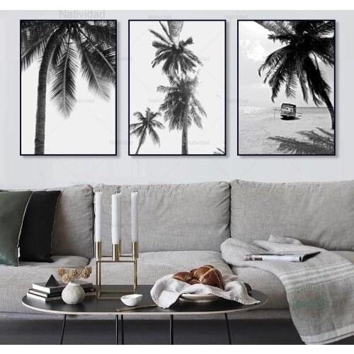 Canvas Painting Tropical Landscape Poster and Prints Black White Minimalist Wall Picture Beach Palm Tree Print Artwork Decor