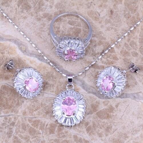 Amazing Pink White CZ Silver Plated Jewelry Sets Earrings Pendant Ring Size 6 / 7 / 8 / 9 / 10 S0120
