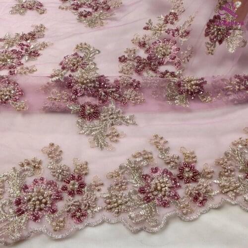 La Belleza 2020 New design,beige mixed beaded lace fabric,pink heavy beading lace 1 yard