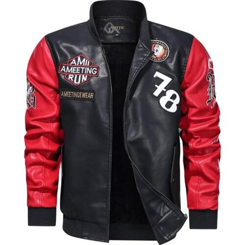 Mens Fashion Large Size Jacket Color Matching Trendy Stand-up Collar Motorcycle PU Leather Jacket Winter New Leather Jacket