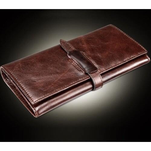 YIANG Top Quality Men Oil Wax Cowhide Genuine Leather Card Holder Pack Case Pocket Purse Hand Bag Trend Vintage Long Wallet