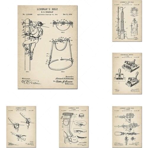 A set of 6 pieces of retro thread work patent printing. Informer wall art. Informant decoration. Powerline technician electricia