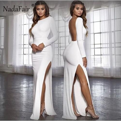 Nadafair Backless Sexy Party Dress Vestidos Long Sleeve High Side Split Bodycon Maxi Dress Women White Black Elegant Long Dress