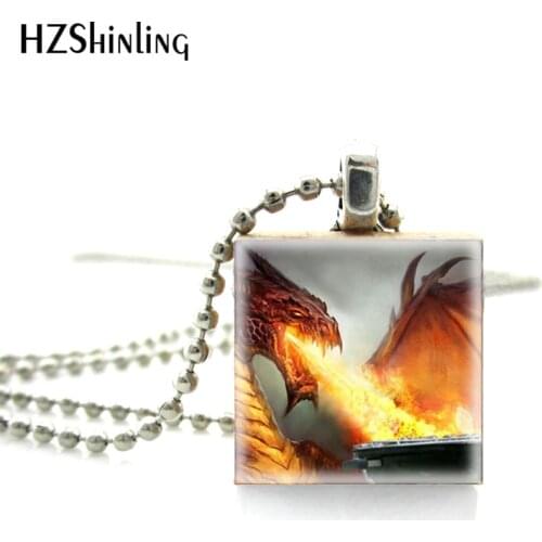 2018 New Trendy Fashion Vintage Style Fire Breathing Dragon Pictures Ball Chain Necklace Huge Dragon Scrabble Game Tile Jewelry