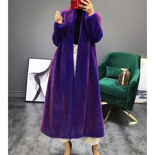 2019 New Womens Mink Fur Coat Womens Fashion Long Outwear Mink Fur Jacket Womens Purple Thick Fur Coat