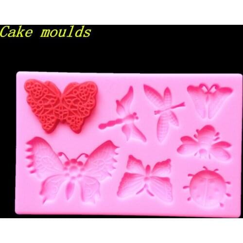 Wholesale Silicone mold K296 Mini Bees ladybug butterfly dragonfly shape Decoration Clay mold Fondant cake mould