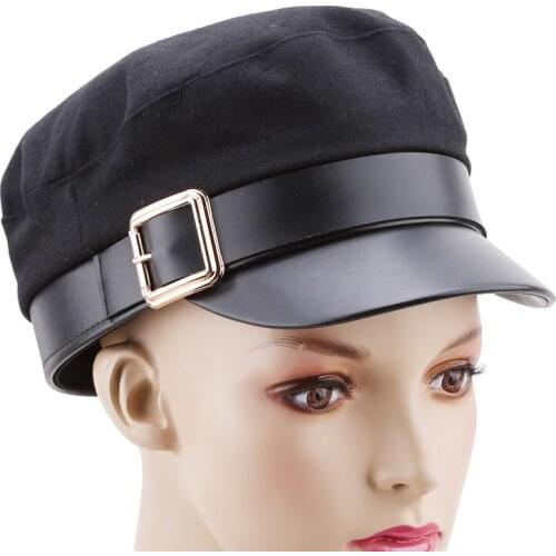 Autumn Women Fashion wool Solid Visor Military Hat Winter Vintage Patchwork PU Black England Flat Cap Fashion leather Berets