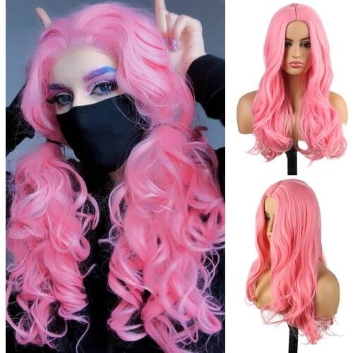 Long Wavy Synthetic Wig Pink Color Heat Resistant Fiber Hair Wig with Baby Hair Cosplay 150% Density