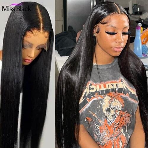 Miss Black 32 34 inch 13x6 Straight Lace Front Wig Peruvian Human Hair 4x4 5X5 13X4 Transparent HD Lace Closure Frontal Wigs