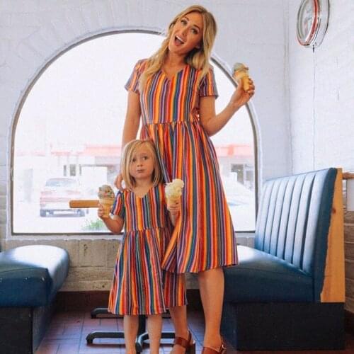 Women Kids Girl Rainbow Stripes Dress Mommy And Me Clothes T Shirt Dress Mother Daughter Dresses Family Matching Clothes
