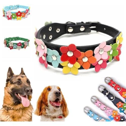 PU Leather Colorful Flower Studded Pet Dog Collar Puppy Cat Double Row Cute Adjustable Neck Strap Ne