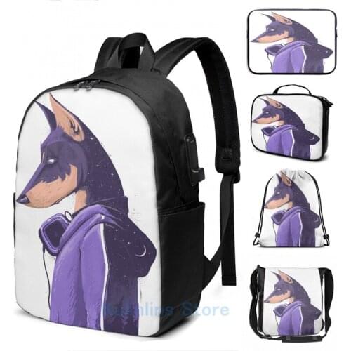 Funny Graphic print Night doberman USB Charge Backpack men School bags Women bag Travel laptop bag