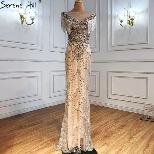 Serene Hill Silver Beading Tassel Luxury Evening Dresses Gowns 2021 Cap Sleeves Mermaid Elegant For Women Party LA70974