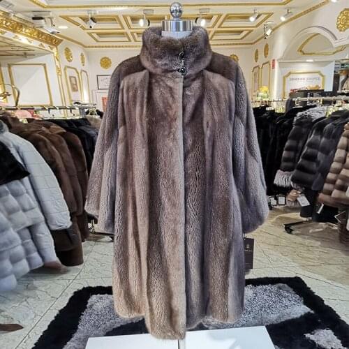 WINTER PALACE 2019 New winter mink fur coat Long bat womens coat Horizontal stripes fashion warm mink coat Nine quarter sleeve