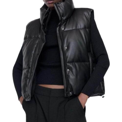 Women Black Faux Leather Sleeveless Waistcoat Parkas Thick 2021 Winter Zipper Pockets Female Warm Elegant Coat