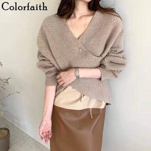 Colorfaith Women Pullovers Sweater 2019 Knitting Autumn Winter Cross Pull Sexy Loose Casual Ladies Elegant Tops Jumper SW3049