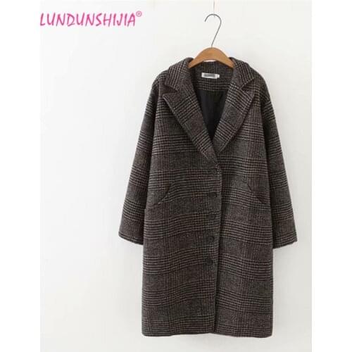 LUNDUNSHIJIA New Arrival 2018 Winter Clothing Woolen Jacket Female Korean Version Of The Long Loose Large Size Plaid Woolen Coat