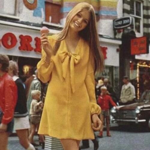 Foridol bowknot lace up yellow vintage chiffon dress women autumn winter long sleeve elegant casual ladies short dress 2020