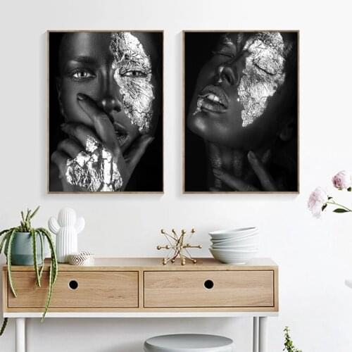 Black Woman with Silver Foil Canvas Paintings Poster Print Modern African Women Art Pictures for Living Room Bedroom Home Decor