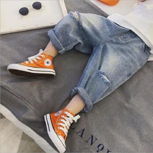 Childrens Perforated Jeans 2021 Spring and Autumn Korean Casual Loose Hole Jeans For Baby Boys Girls KIds Clothes Beggars Pants