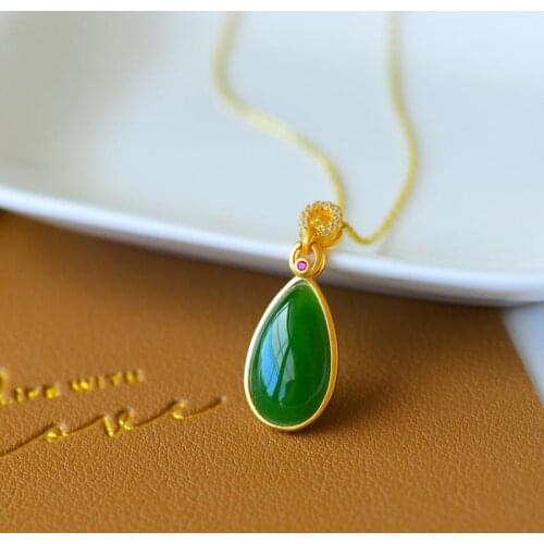 Designer original ancient gold craftsmanship diamond Hetian jasper drop-shaped necklace pendant fashion silver jewelry