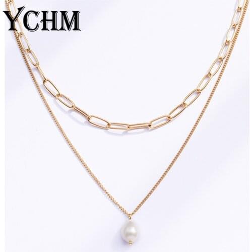 YCHM Double Layers Pearl Necklace Stainless Steel Women Choker Necklace Aesthetic 2021 Women Jewelry