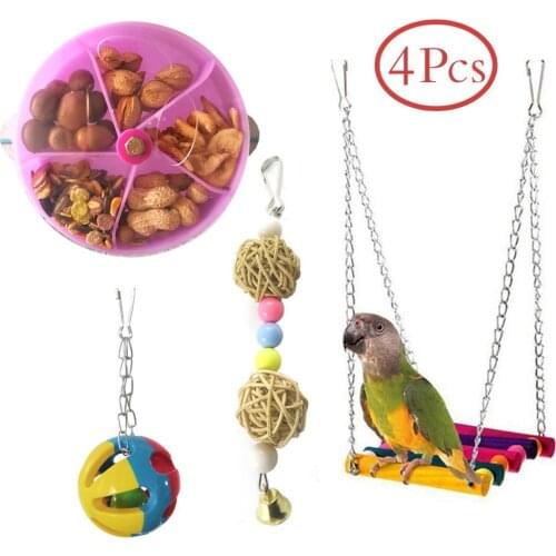 Pet Bird Parrot Toys with Hanging bells and Chain Balls and Wood Swing and Feeder Ball Total 4 pcs a set BT057