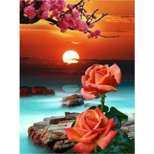 Sun rose diamond painting lake scenery full round rhinestone embroidery picture puzzle diamond art drawing wall sticker decor