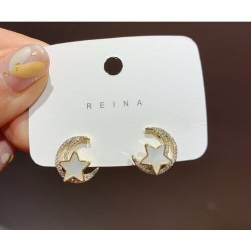 Korean New Design Jewelry Cute Small Rhinestone Moon Shell Enamel Pentagram Stud Earrings for Women Simple Fashion Earrings