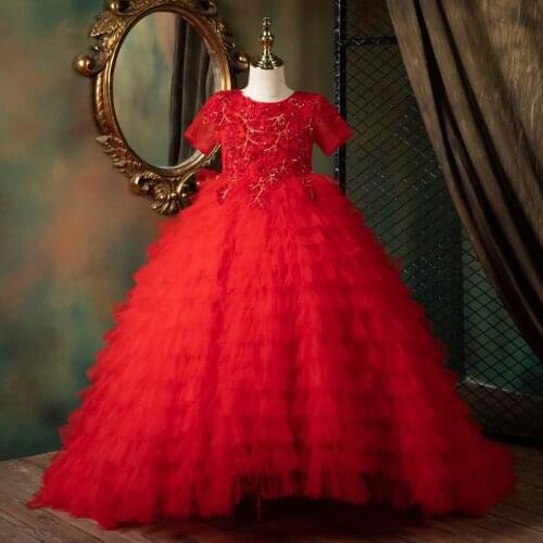 Flower Girl Dresses Illusion Sequined Embroidery Short O-Neck Princess Floor-Length Tulle Lace Luxury Red Kids Party Gown H629