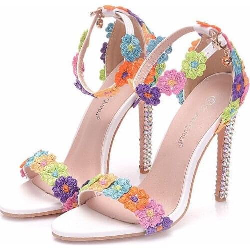 2019 new color high heel sandals one-strap buckle shoes stiletto fish mouth Roman sandals color diamond crystal sandals