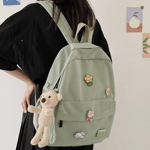 Trendy Kawaii Women Nylon Cute Backpack Bear Female Student College School Bag Badge Girl Doll Backpack Book Ladies Fashion Bags