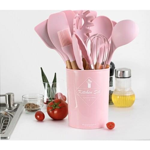 11pcs Silicone Cooking Utensils Set ,Pink Solid Wood Handle With Storage Box, Kitchenware Kit Kitchen Tools Accessories
