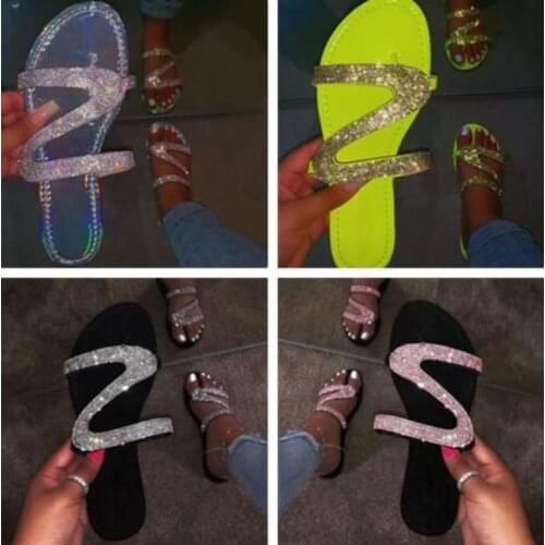 2020 new women fashion wild womens shoes rhinestone flat sandals slippers beach shoes large size 37-41