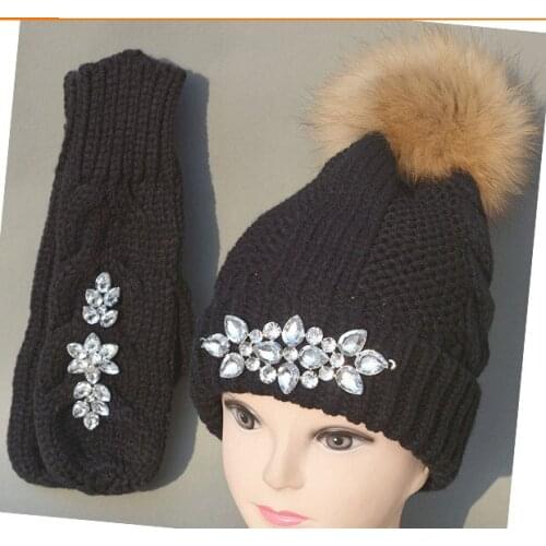 2021 NEW Autumn and winter sparkly gems brand knitting Warm wool real fur hat beanie skullie and gloves set unisex accessories