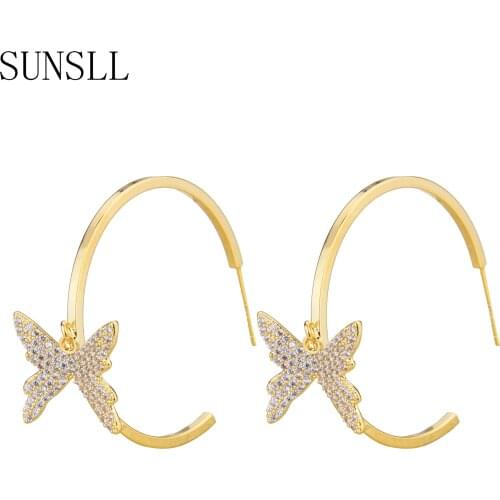 SUNSLL New Arrival Trendy Jewelry Gold Copper White Cubic Zirconia Butterfly Stud Earrings For Women Fashion Party Wedding Gift