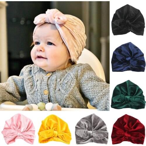 Infant Toddler Baby Solid Color Bowknot Turban Hat Soft Velvet Beanie Cap Hat HATYS0308