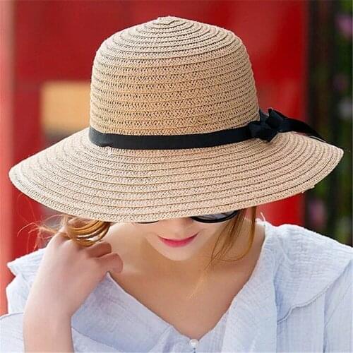 Panamanian Cap For Women Floppy Foldable Ladies Straw Hats Beach Summer Sun Hat Beige Wide Brim Bowknot Sombreros De Mujer