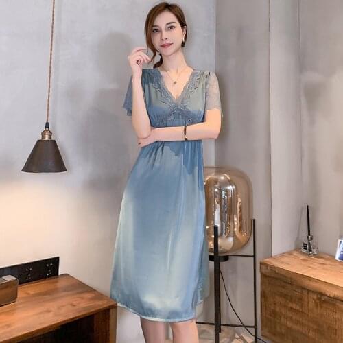 Princess Dress Women Rayon Nightgown Sexy Lace Knee-Length Nightdress V-Neck Short Sleeve Sleepshirts Summer Bride Home Skirt