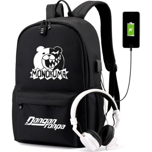 Danganronpa monokuma Backpack With Lock school backpack Teenagers Girls Boy Student Bags USB Bear travel Laptop Mochila