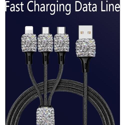 Crystal Dual USB Car Charger For Mobile Phone Tablet GPS Fast Charger Rhinestone Diamond Phone 3 Data Line Wire in Car